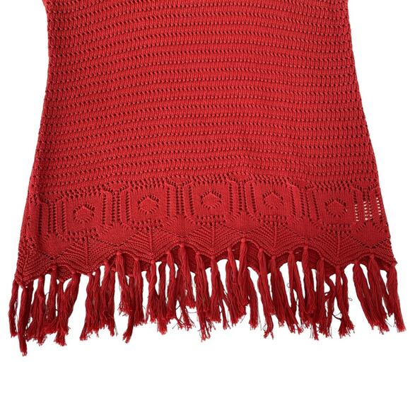 JohnPaulRichard Fringe Hem Red Knit Crocheted Short Sleeve Sweater Top Small - Picture 4 of 11